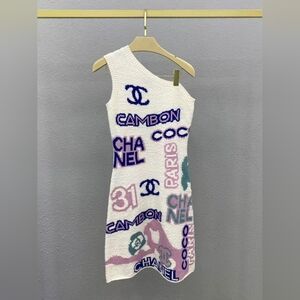 Chanel Multi-Color Yarn Logo Jacquard Asymmetrical-Shoulder Knit Vest Dress